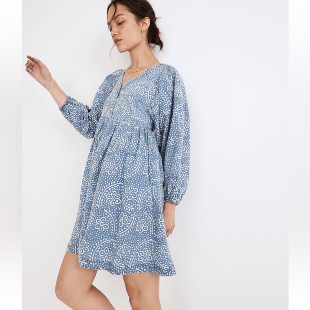 Madewell Indigo Block Print Button Front Balloon Sleeve Mini Dress, Size S - Picture 3 of 6